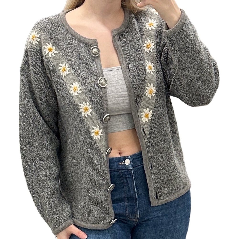 Vintage Country Blue Wool Blend Daisy Print Cardigan in Gray Women's Size M